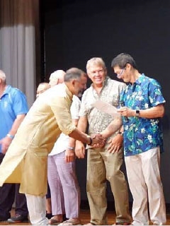 D. B. Rai San from India is congratulated by Sensei Tetsuji Nakamura for achieving his Rokudan in Japan at the 8th Okinawa Traditional Karate Ceremony